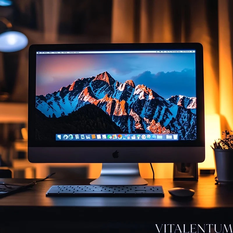 Desktop Computer with Mountain Sunset Display in Cozy Office AI Image