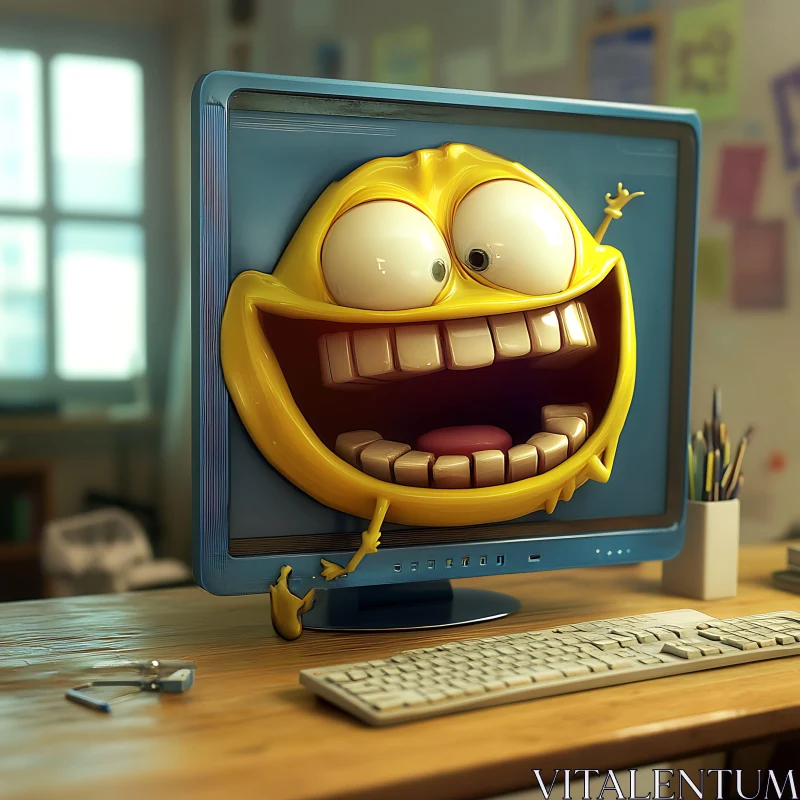 Humorous Cartoon Smiley in Office Monitor AI Image