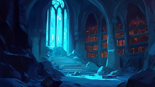 Grand Library with Glowing Window