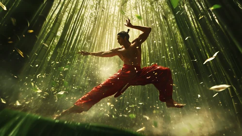 Martial Artist in Green Bamboo Grove