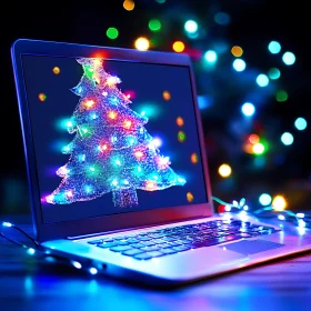 Laptop Display with Christmas Tree and Lights