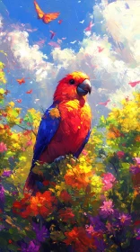 Vibrant Parrot and Butterflies in Nature