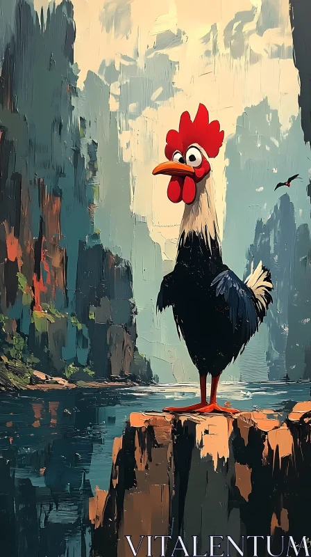 AI ART Whimsical Rooster Overlooking Cliffs