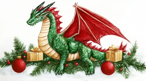 Holiday Dragon with Gifts and Ornaments