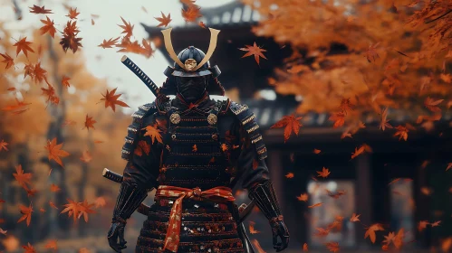 Armored Samurai Among Falling Leaves