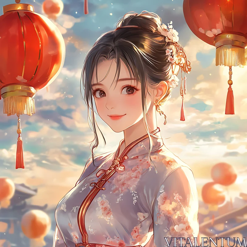 Asian Beauty and Lanterns AI Image