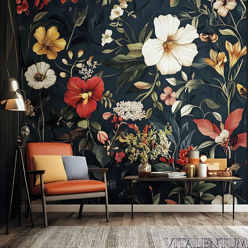 Elegant Living Space with Botanical-Themed Wallpaper AI Image