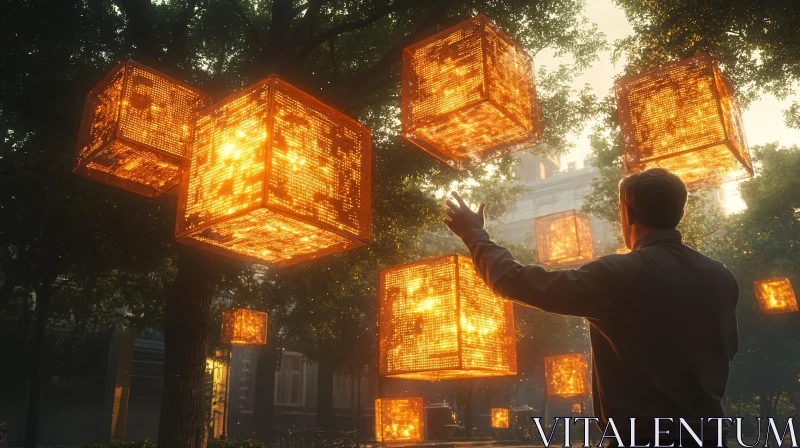 AI ART Glowing Cubes in City Park