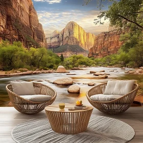 Serene Mountain River with Wicker Chairs