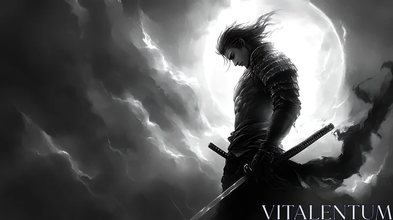 AI ART Silhouetted Warrior with Katana under Moon