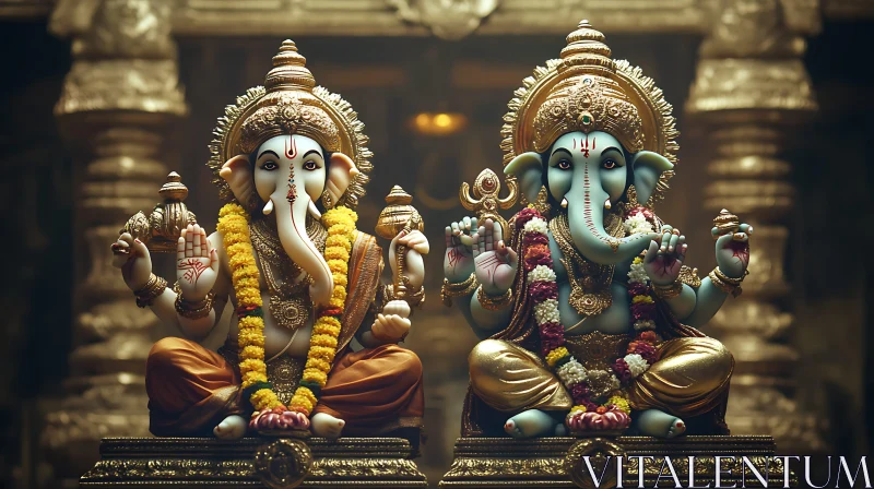 Twin Ganesha Deities: A Study in Gold AI Image