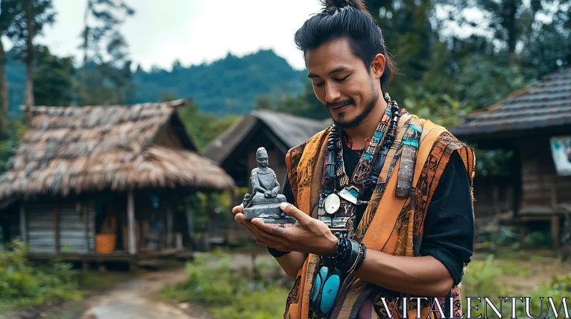 Cultural Portrait of a Man Holding Statue AI Image