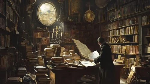 Vintage Library Interior with Reading Man