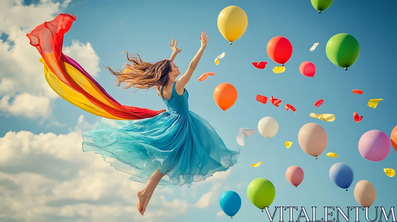 Woman in Blue Dress with Balloons AI Image