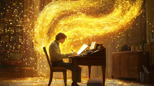 Man Composing Music with Golden Light