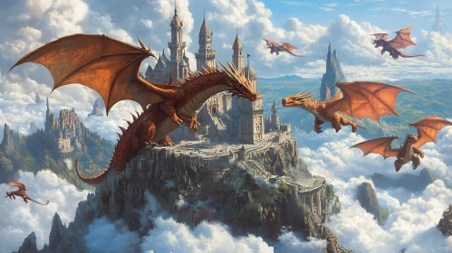 Fantasy Dragons Over Cloud Castle