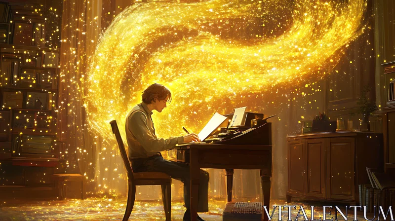 AI ART Man Composing Music with Golden Light