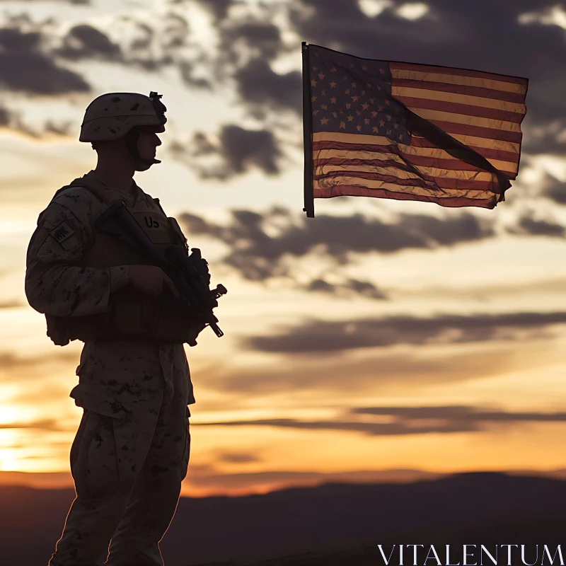 Patriotic Sunset: Soldier and Flag AI Image