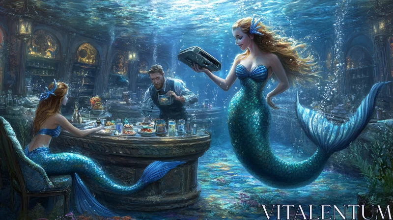 Mermaids Enjoying a Meal at Underwater Restaurant AI Image