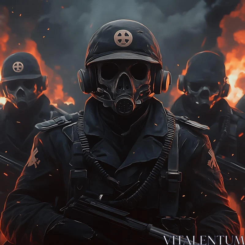 Dystopian Soldiers in Fiery Landscape AI Image