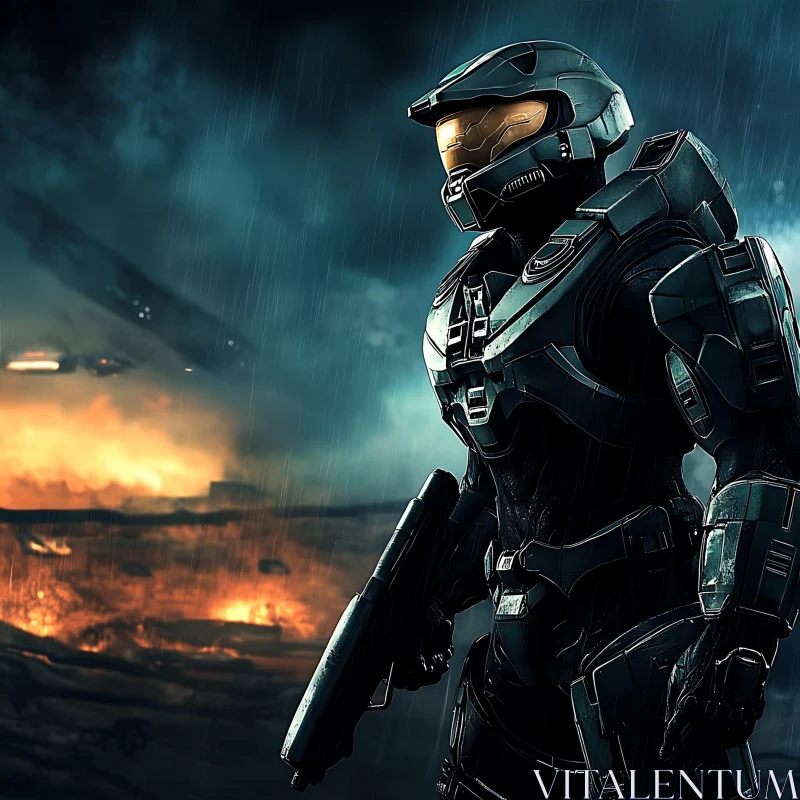Futuristic Warrior in Combat Zone AI Image