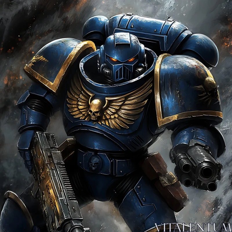 AI ART Warrior in Blue Armor with Golden Emblem