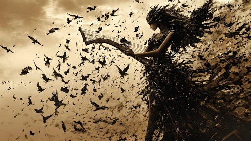 Sepia Woman with Harp and Birds