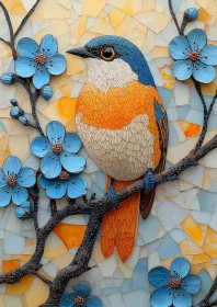 Blue Bird Mosaic on Floral Branch