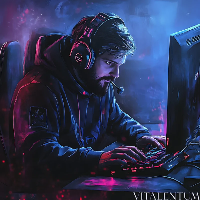 Gamer Deep in Concentration with Neon Lights AI Image