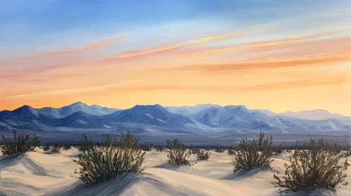 Desert Scene with Mountains and Sunset Sky