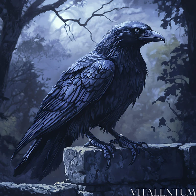 Night Raven on Stone Wall AI Image