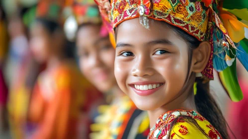 Child in Traditional Headdress Smiling