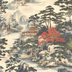 Asian Landscape with Pagoda and Mountains