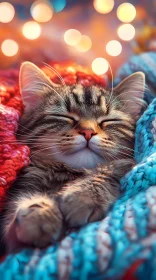 Peaceful Kitten Blended in Blankets