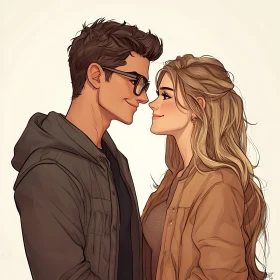 Loving Gaze: Cartoon Portrait of a Couple