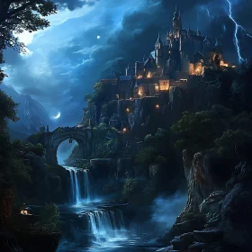 Nighttime Castle Overlook with Waterfall