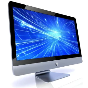 Sleek Desktop with Blue Digital Art Display