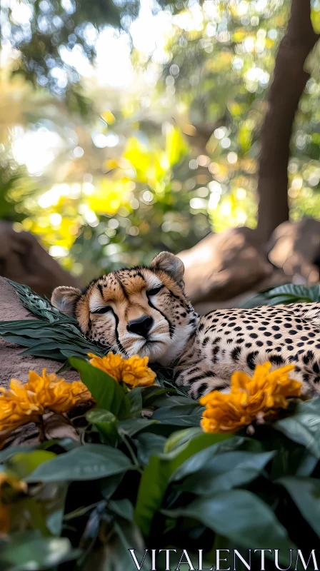 Cheetah Relaxing in Floral Surroundings AI Image