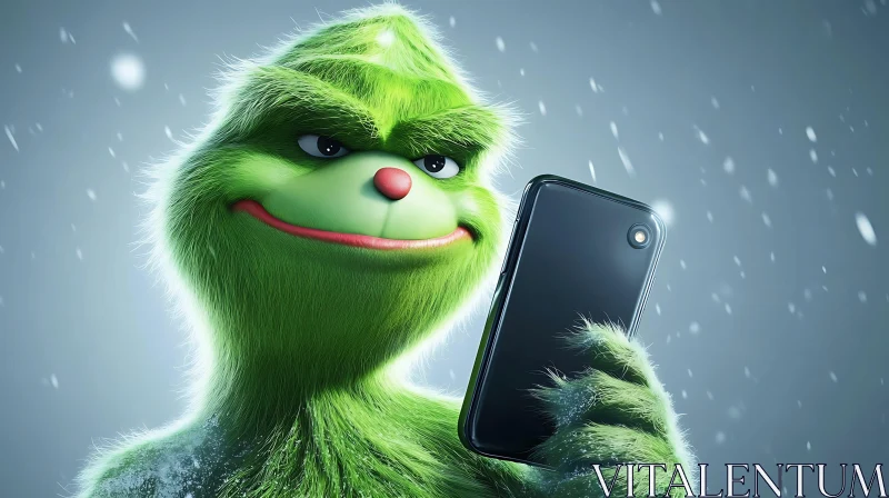 AI ART Green Character with Phone in Winter