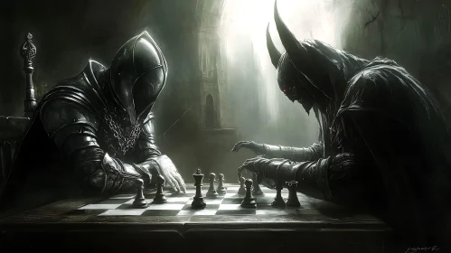 Gothic Chess Duel Between Dark Figures