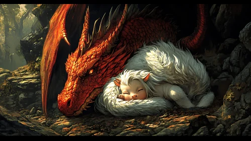 Fantasy Scene: Dragon and Sleeping Baby