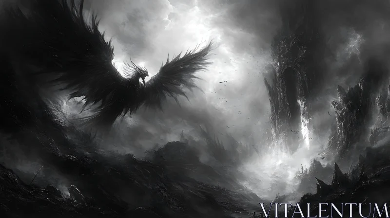 AI ART Monochrome Phoenix in Gothic Landscape