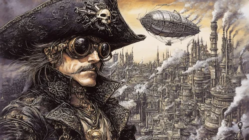 Pirate and Airship in Steampunk City