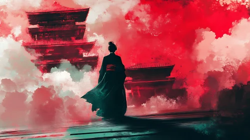 Japanese Architecture with Woman in Kimono