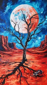 Barren Tree Under a Colossal Moon in Desert