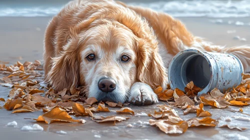 Beach Dog with Leaves