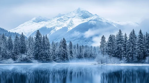 Peaceful Snowy Forest with Mountain Reflection