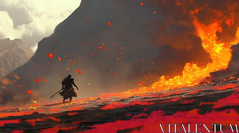 Lone Warrior Facing Lava Landscape AI Image