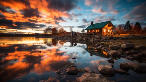Captivating Sunset: A Picturesque House by the Lake