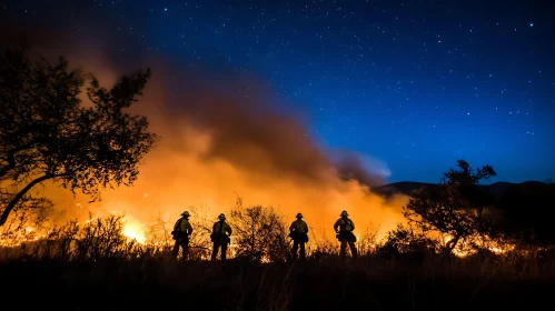 Nighttime Wildfire with Firefighters Silhouetted